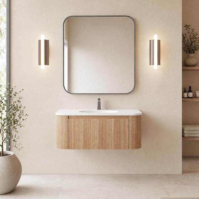 36 Inch Wall Mounted Bathroom Vanity with Ceramic Sink, Pre-Assembled Floating Vanity Cabinet with Marble Countertop, Wave Texture Finish & Drawer, Wood