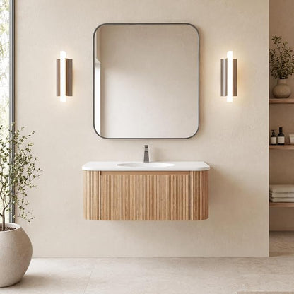 36 Inch Wall Mounted Bathroom Vanity with Ceramic Sink, Pre-Assembled Floating Vanity Cabinet with Marble Countertop, Wave Texture Finish & Drawer, Wood