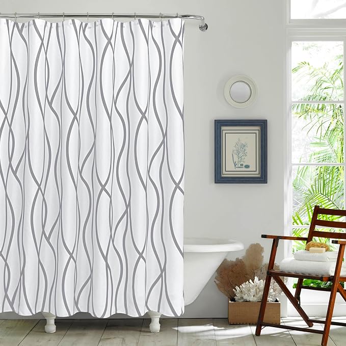 Fabric Modern Shower Curtain-Silver Grey & White Shower Curtains Bathroom | 72"W x 72"L Textured Faux Linen Luxury Hotel Quality Washable-Abstract Wavy Cloth Bath Curtain-Apartment Minimalist Decor