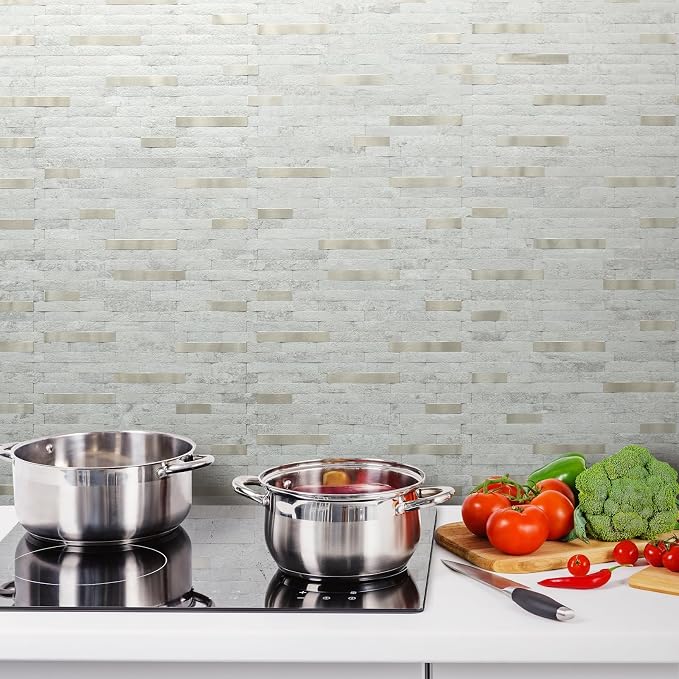 AULIGET 2 Sheets Faux Stone Peel and Stick Backsplash, Beige Stone Look PVC Wall Tile Stick on Backsplash for Kitchen and Bathroom
