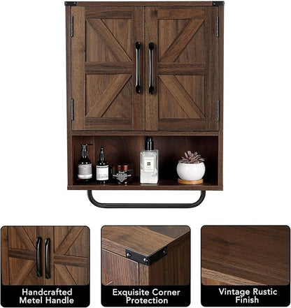 RUSTOWN Farmhouse Wall Storage Cabinet with Two Barn Door, Rustic Mounted Medicine Cabinet with Adjustable Shelf and Towel Bar, 3-Tier Wood Cabinet for Kitchen, Bathroom, Living Room (Dark Walnut)