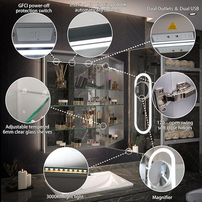 Recessed Medicine Cabinet with Lights, 24x36 Lighted Medicine Cabinet with Mirror, 5XMagnifier, GFCI Outlet, Soft-closed, Front&Backlit, Anti-Fog, Dimmable&Tunable, Sensor Lights, Right-handed door