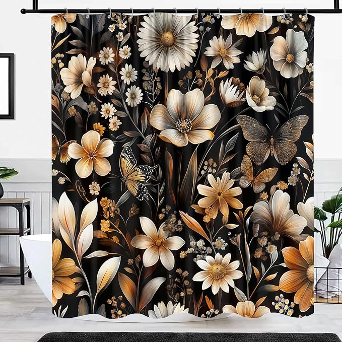 GOAOK Retro Rustic Floral Shower Curtain Boho Black and Gold Bathroom Decor, Vintage Dark Flowers Wildflower Plant Farmhouse Shower Curtain with Hooks Cute Aesthetic Bathroom Accessories Set, 72X72