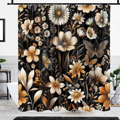 GOAOK Retro Rustic Floral Shower Curtain Boho Black and Gold Bathroom Decor, Vintage Dark Flowers Wildflower Plant Farmhouse Shower Curtain with Hooks Cute Aesthetic Bathroom Accessories Set, 72X72