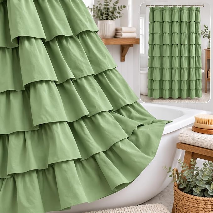 Sage Green Ruffle Shower Curtain for Bathroom, 72x72 inch, 1 Panel | Boho Cottage Chic Style, Soft Microfiber Fabric, Standard-Size Ruffled Curtain, 12 Hooks Included, Machine Washable, Opaque