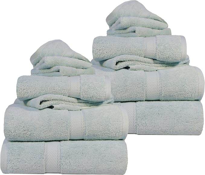 SUPERIOR Egyptian Cotton Ultra Plush & Absorbent, 12 Piece Set, Sea Foam | Heavyweight 12 Pc Egyptian Cotton Towel Set Includes 4 Bath Towels 4 Hand Towels 4 Washcloths Decorative Rope Border
