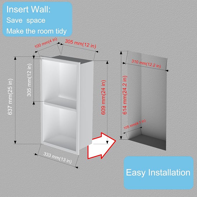 24 x 12 in Recessed Shower Niche with Double Shelves, Matte White Stainless Steel Wall Insert, No Tile Needed, Leakproof Built-in Storage for Bathroom, Kitchen