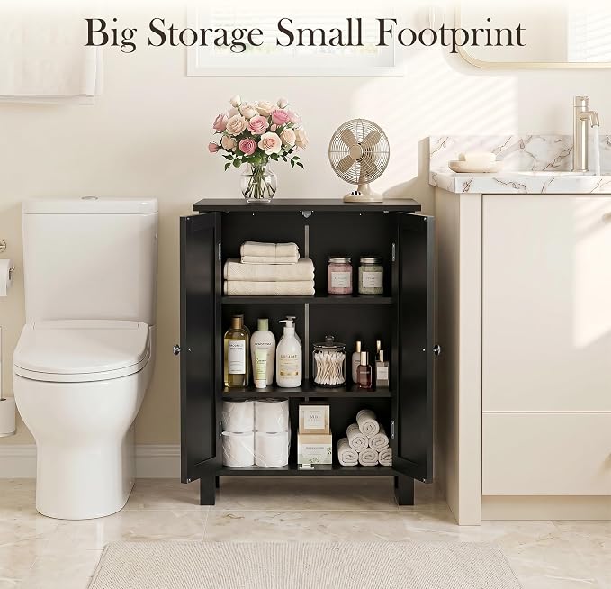 SUPER DEAL Modern Bathroom Floor Storage Cabinet with Adjustable Shelf and Double Door Rust Proof, Living Room Modern Home Furniture Storage Organizer Cabinet, Black