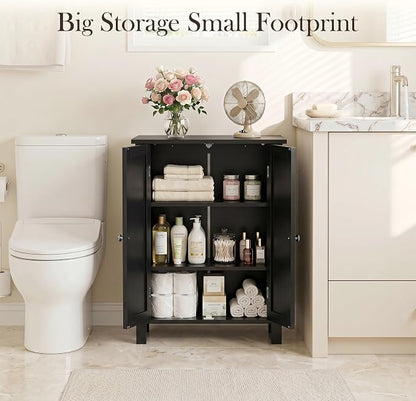 SUPER DEAL Modern Bathroom Floor Storage Cabinet with Adjustable Shelf and Double Door Rust Proof, Living Room Modern Home Furniture Storage Organizer Cabinet, Black