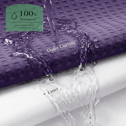 Purple Hook Free Waffle Shower Curtain & Snap Fabric Liner,72x81 | Less Time to install, 3 in 1 Fabric Shower Curtain and Liner Set with Magnets, Long, Shower Curtains for Bathroom