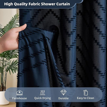 Siiluminisoy Extra Long Boho Navy Blue Shower Curtain, Woven Fabric Shower Curtain, 72 x 96, Tufted Striped Modern Chic Textured Cloth Shower Curtains Minimalist Bathroom Decor