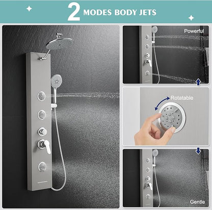 Shower Panel Tower System with Adjustable Shower Head, Self-Cleaning Shower Tower with 2-Setting Powerful Body Jets and 5-Function Handheld Shower, Shower Column Brushed Stainless Steel