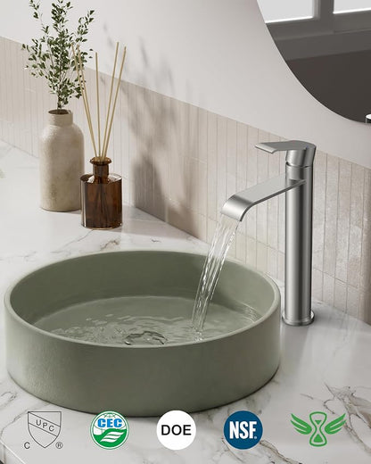 FORIOUS Waterfall Bathroom Vessel Sink Faucet Brushed Nickel Single Hole | Waterfall Brushed Nickel Tall Bathroom Faucet 1 Hole, Silver Bathroom Sink Faucet for Vessel Sink with Drain and Supply Line