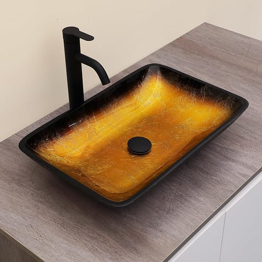 Logmey 22" Glass Bathroom Vessel Sink Vanity Countertop Rectangular Bowl with Black Pop up Drain Set,Glass Art Basin,Yellow Gradient