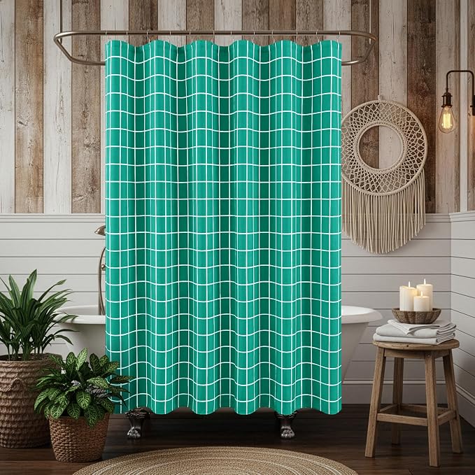 Fabric Farmhouse Shower Curtain-Extra Long Cloth Shower Curtains Bathroom | 72"Wx84"L Turquoise Faux Linen Grid Minimalist Simple Rustic Neutral Shower Curtain-Geometric Plaid Washable Hotel Quality
