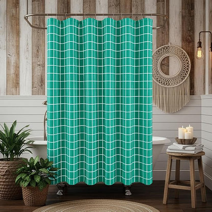 Fabric Farmhouse Shower Curtain-Extra Long Cloth Shower Curtains Bathroom | 72"Wx84"L Turquoise Faux Linen Grid Minimalist Simple Rustic Neutral Shower Curtain-Geometric Plaid Washable Hotel Quality