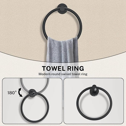 Matte Black Towel Bar Set 5-Piece Bathroom Hardware Accessories Set Includes 23.6in Towel Bar-Round Towel Ring-Toilet Paper Holder-Towel Hooks Stainless Steel Wall Mount Bathroom Towel Holder Set