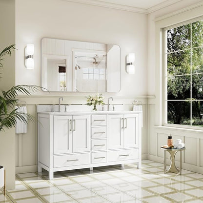 60-Inch Bathroom Vanity with Sink, 4 Soft-Close Doors and 6 Soft-Close Drawers, Bathroom Freestanding Vanity with Cultured Marble Countertop, White Vanity with Brushed Nickel Handles