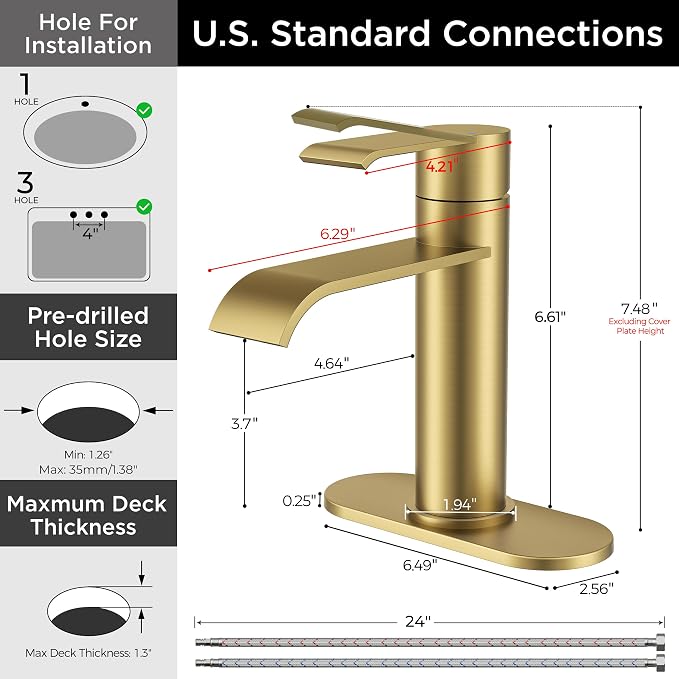 FORIOUS Brushed Gold Bathroom Faucet Single Hole, Gold Waterfall Faucet | 1 Hole Waterfall Bathroom Faucet Gold, Single Handle Gold Vanity Faucet for Bthroom Sink One Hole with Deck Plate and Drain