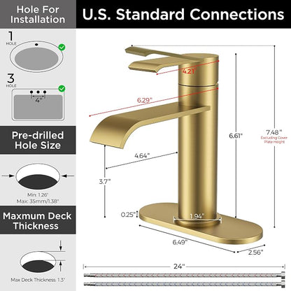 FORIOUS Brushed Gold Bathroom Faucet Single Hole, Gold Waterfall Faucet | 1 Hole Waterfall Bathroom Faucet Gold, Single Handle Gold Vanity Faucet for Bthroom Sink One Hole with Deck Plate and Drain