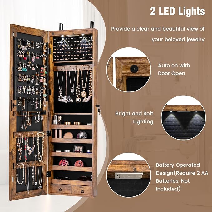Jewelry Armoire Wall or Door Mounted, Full-Length Mirror with Storage, Lockable Mirror Jewelry Cabinet w/ 2 Drawers, LED Lights, Over the Door Jewelry Organizer Box for Women Girls