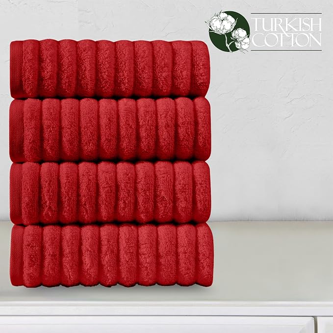 Elegant Comfort Luxury 100% Turkish Cotton Corduroy Ribbed 4 Pack Hand Towel Set 16 x 28 Inch - Absorbent, Super Soft, Quick Dry, Premium Towels for Bathroom, Gym, Spa and Hotel Use, Red