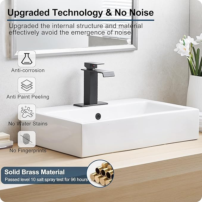 Waterfall Bathroom Faucet, Brass Matte Black Bathroom Faucet 1 Hole or 3 Holes, Bathroom Faucets Single Handle, 4 Inch Bathroom Sink Faucet with Deck Plate & Pop-Up Drain for Lavatory No Noise