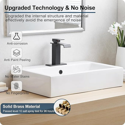 Waterfall Bathroom Faucet, Brass Matte Black Bathroom Faucet 1 Hole or 3 Holes, Bathroom Faucets Single Handle, 4 Inch Bathroom Sink Faucet with Deck Plate & Pop-Up Drain for Lavatory No Noise