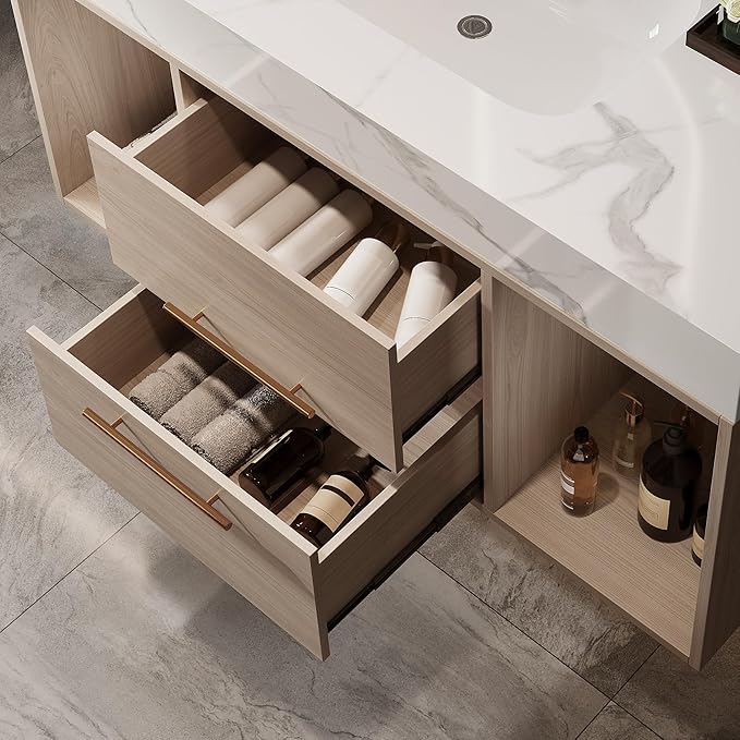 40" Bathroom Vanity with Sink Set, Modern Oak Wall Mounted Bathroom Vanity Cabinet with Sintered Stone Top&Gold Handle 2 Drawers&2 Open Storage, Single Sink Floating Bathroom Vanity