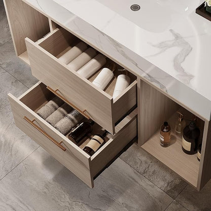40" Bathroom Vanity with Sink Set, Modern Oak Wall Mounted Bathroom Vanity Cabinet with Sintered Stone Top&Gold Handle 2 Drawers&2 Open Storage, Single Sink Floating Bathroom Vanity