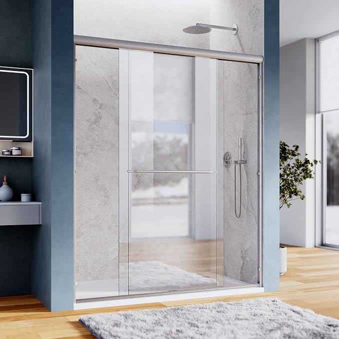 SUNNY SHOWER Bypass Sliding Shower Door Semi-Frameless Shower Enclosure 1/4"(6mm) Glass Sliding Bathroom Door, Brushed Nickel Finish, 48" W x 72" H