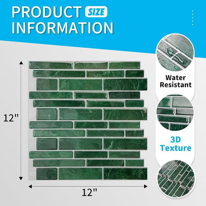 Art3d Marble Design Peel and Stick Backsplash, 10-Sheet, 12 x 12 in, Green | Lightweight, Self Adhesive, Moisture Resistant, Easy to DIY, Modern Style, for Kitchen, Bedroom, Ideal for New Home Buyers