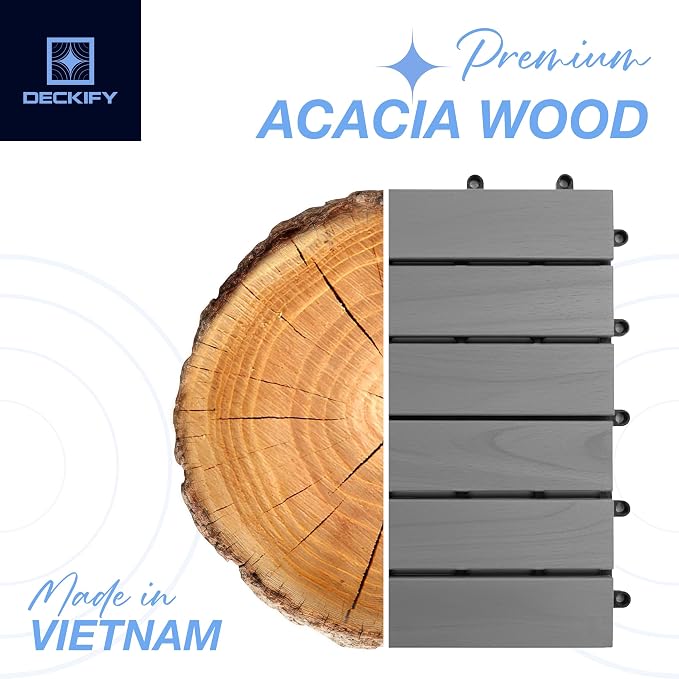 9-Piece Acacia Wood Interlocking Deck Tiles 12x12 in, Gray Striped | 6-Slat Wide Contact, Non-Slip Grip, 490 lb Capacity, Protective Oil-Rubbed Finish, Flat-Surface Install, Patio Ready