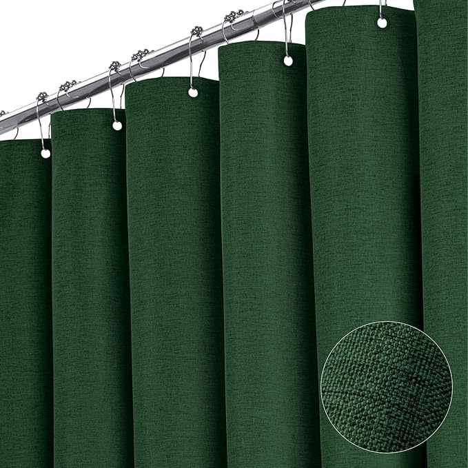 BTTN Extra Long Fabric Shower Curtain, 96 Inch Linen Textured Heavy Duty Cloth Shower Curtain Set with 12 Plastic Hook, Large Hotel Luxury Polyester Shower Curtain for Bathroom, 72x96, Emerald Green