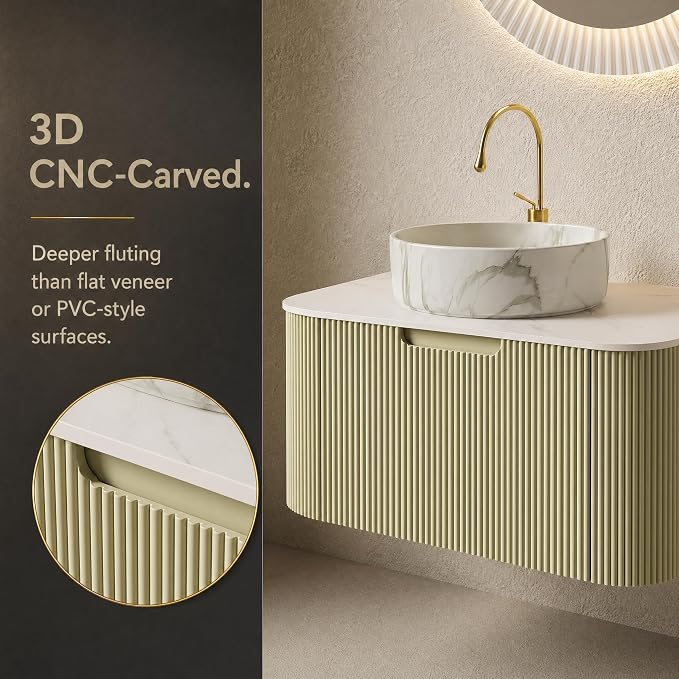 30 Inch Bathroom Vanity with Sink, Floating Wall Mounted Single Sink Vanity, Sage Green Curved Fluted Front, Stone Top, Marble-Look Round Vessel Basin, Pre-Assembled