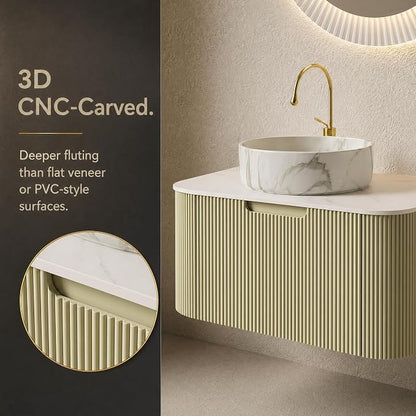30 Inch Bathroom Vanity with Sink, Floating Wall Mounted Single Sink Vanity, Sage Green Curved Fluted Front, Stone Top, Marble-Look Round Vessel Basin, Pre-Assembled