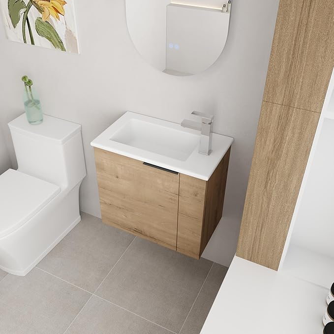 22 Inch Bathroom Vanity with Sink, 22" Wall Mounted Vanity Sink Combo for Small Space, Modern Bathroom Cabinet Set with Ceramic Basin Sink Top and Soft-Closing Door, Imitative Oak