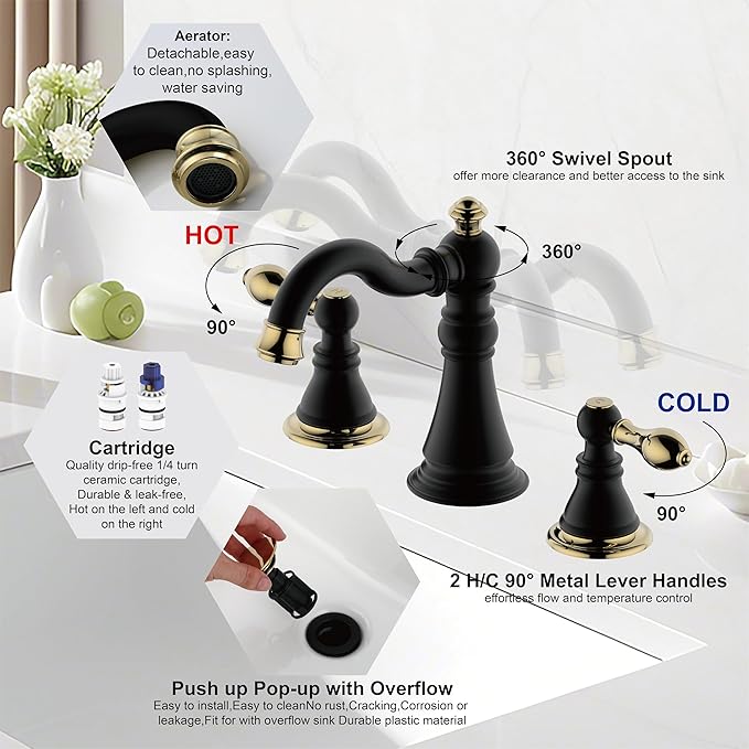 Two Handle Bathroom Sink Faucet 3 Hole 8 Inch Widespread with Pop up Drain,High Arc Lavatory Faucet,Matte Black with Polished Brass Trim Finished,F-8805-MG