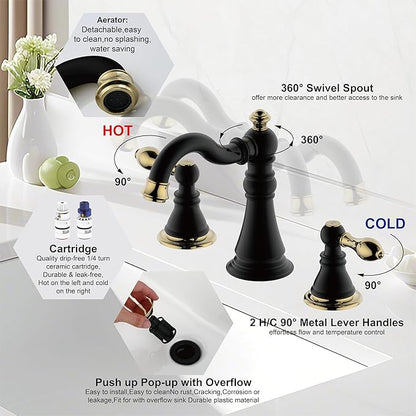 Two Handle Bathroom Sink Faucet 3 Hole 8 Inch Widespread with Pop up Drain,High Arc Lavatory Faucet,Matte Black with Polished Brass Trim Finished,F-8805-MG
