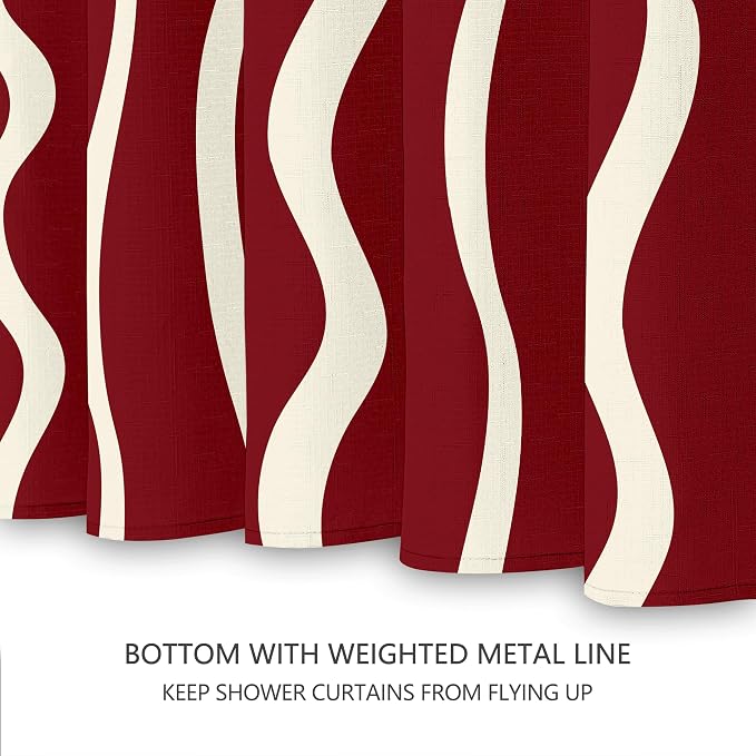 Tititex Cute Curvy Wavy Lines 140gsm Faux Linen Fabric Shower Curtain, Elegant Burgundy Red Wave Striped Shower Curtain Sets Decoration 72x72 Inch with Hooks