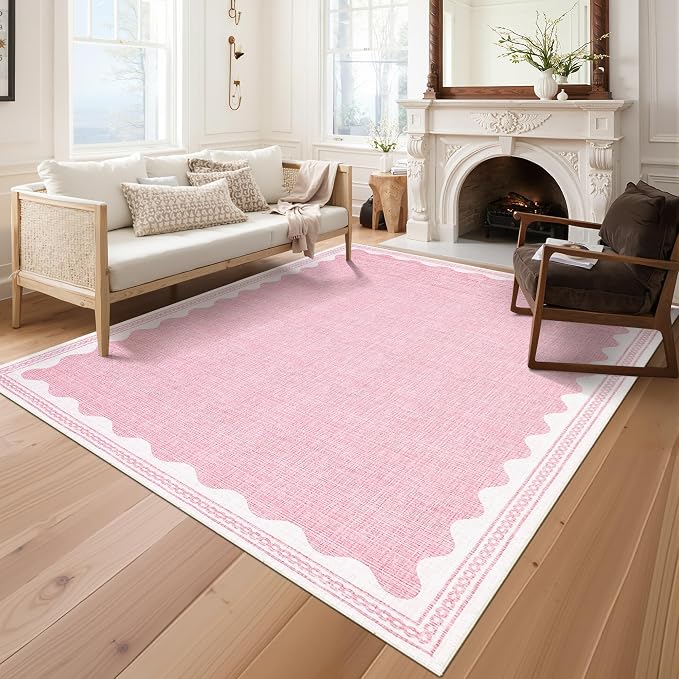Garvee Large Washable Rug 9x12 Modern Indoor Living Room Rug Non Slip Pink | Stain-Resistant Low Pile Floor Cover Ultra Soft Foldable Bordered Print Carpet for Bedroom Nursery Office Dorm Kids Room