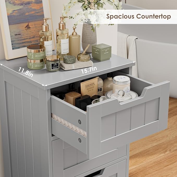 FOTOSOK Bathroom Cabinet, Bathroom Storage Cabinet with 5 Drawers, Grey | Narrow Bathroom Storage with Cut-Out Handles, 11.8” x 15.7” x 40.1”, Slim & Small Floor Cabinet for Laundry/Hallway