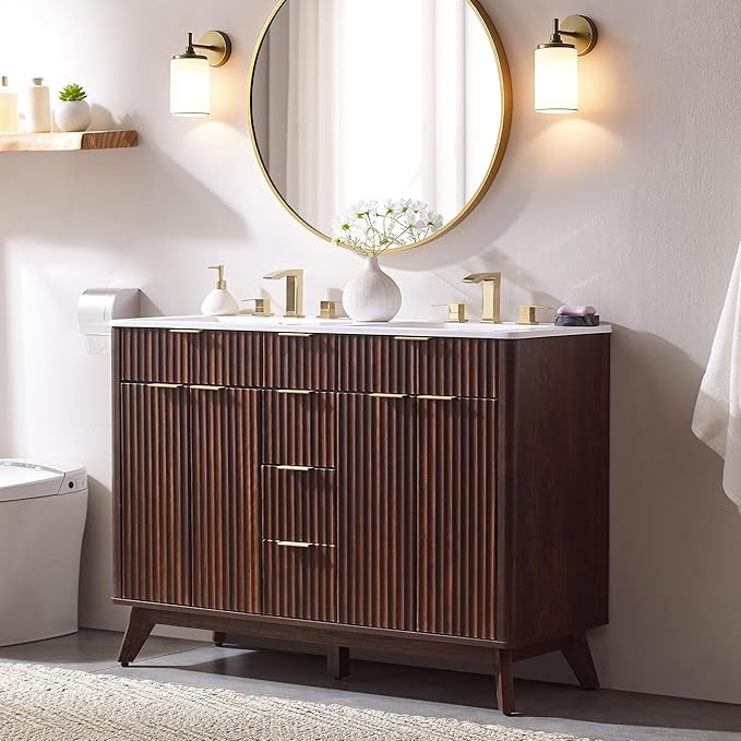 T4TREAM 48" Fluted Bathroom Vanity with Resin Sink Combo，Freestanding Modern Bathroom Storage Vanity Cabinet with Soft Closing Doors & 2 Drawers，Wood Grain Texture，Metal Handle，Dark Walnut