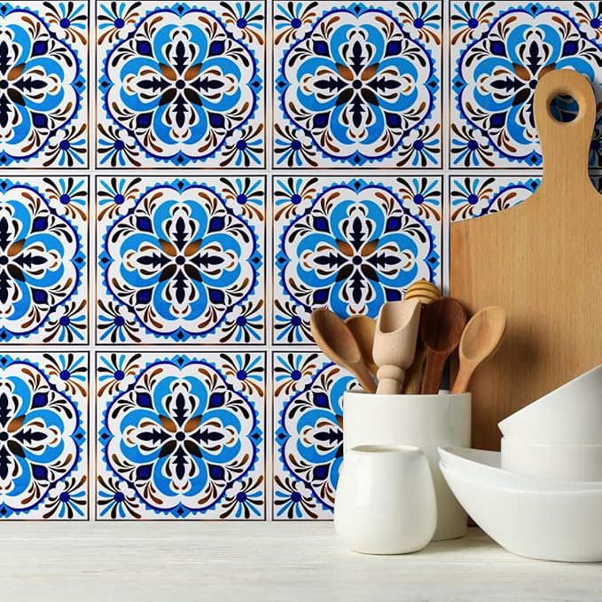 DICOFUN 32 Moroccan Tile Peel and Stick Backsplash, 6" x 6" Waterproof Mandala Stick on Wall Tiles (Style 1)