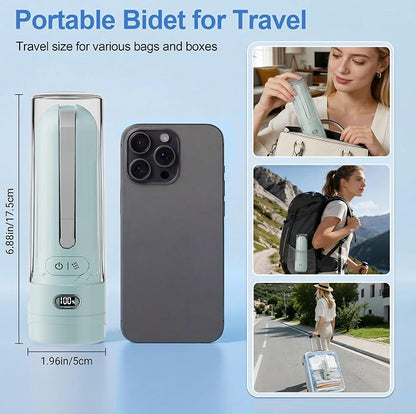 Electric Portable Bidet Toilet Aids Wiper Tool Set, Cyan | 2-in-1 travel hygiene kit 15.7" extended length wiping tools 1600mAh Long-lasting Battery USB-C Rechargable IPX7 Waterproof