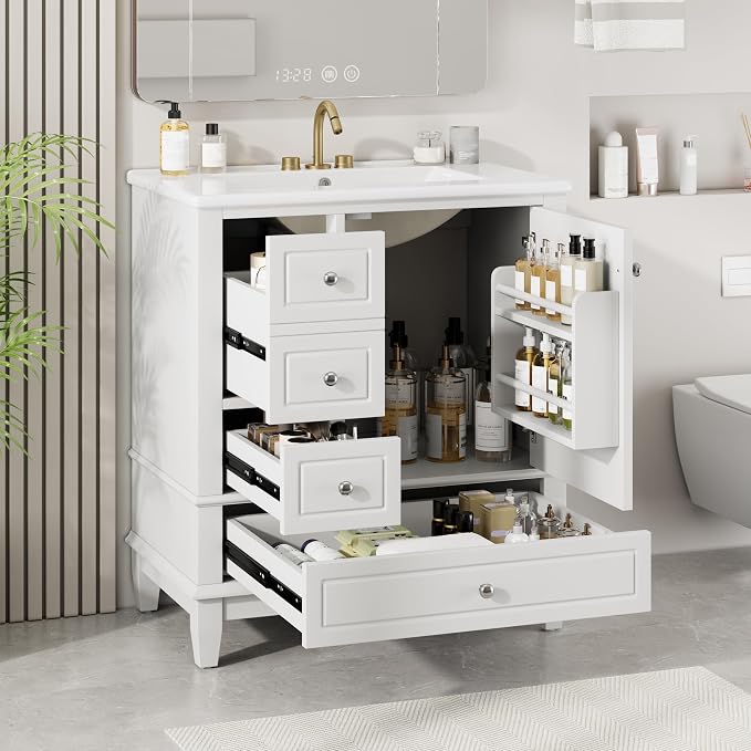 30" Vanity with Sink, Bathroom Vanities 30 Inch with Sink, Single Sink Bathroom Vanity with Shelf and Three Drawers, Soft Close Door, Restroom Vanity with Sink Top (White)