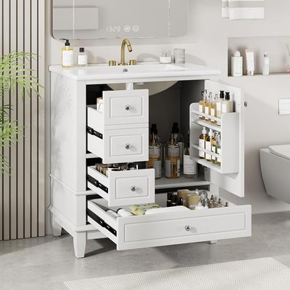 30" Vanity with Sink, Bathroom Vanities 30 Inch with Sink, Single Sink Bathroom Vanity with Shelf and Three Drawers, Soft Close Door, Restroom Vanity with Sink Top (White)