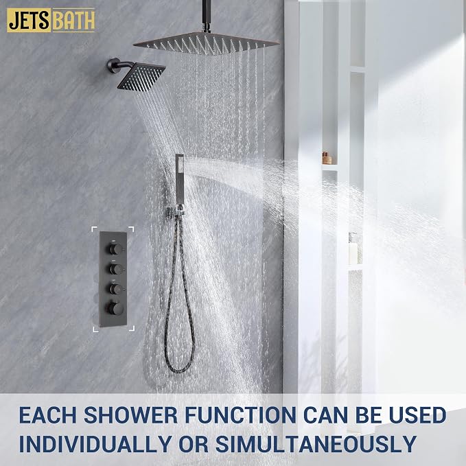 Thermostatic Dual Rainfall Head Oil Rubbed Bronze Shower System | Ceiling Mounted Full Body Shower Faucet Set with Thermostatic Valve for Couples/ 2-Person，16“+6”Shower Head & handheld