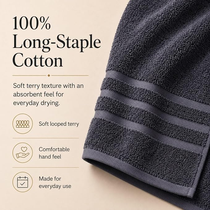 Velqora Bath Towels, 2 Pack, 30 x 60 in, 100% Cotton, Soft, Gray | Balanced Weight | Everyday Comfort | Easy Care