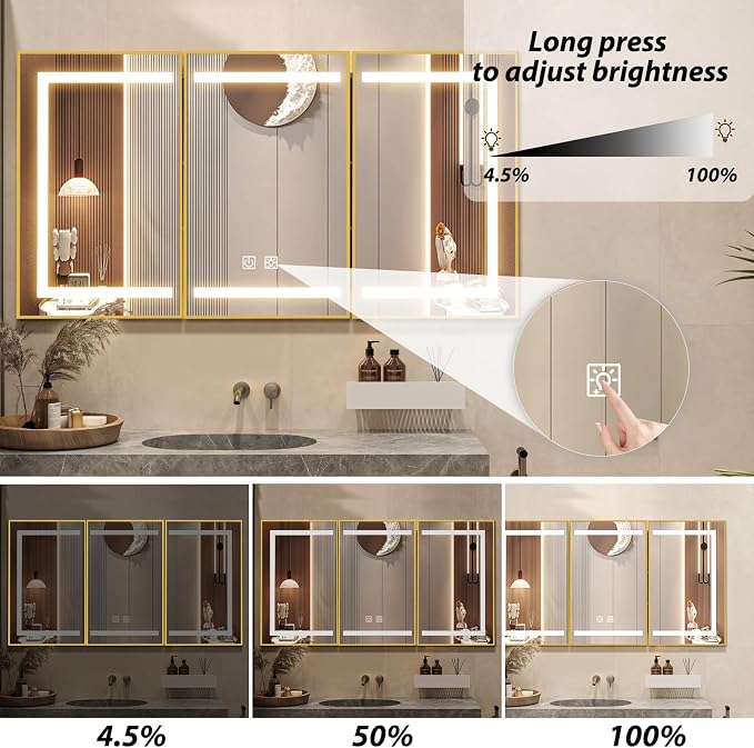 APRILSOUL 48x32 Inch Lighted Bathroom Medicine Cabinet with Mirror, Gold Recessed or Surface Mount Medicine Cabinet Mirror with Storage and LED Lights, 3 Colors Temperature, Dimmable Light